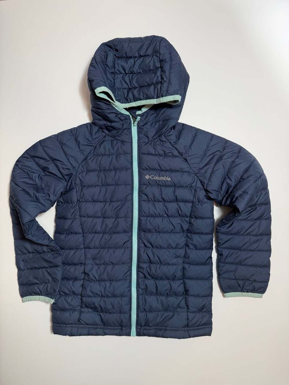 Columbia Powder Lite Hooded Jacket Size S 7/8 Blue Omni-Heat Puffer